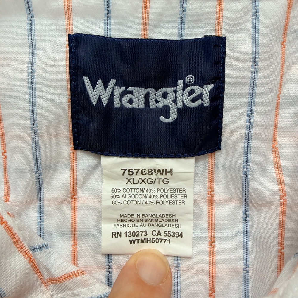 Wrangler Mens Western‎ Shirt XL Long Sleeve White Orange Blue Stripe Snap Button - Picture 3 of 9